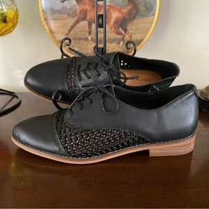 Lucky Brand Elfie Leather Woven Oxford Shoes Women’s 8 Black Low Top Classic